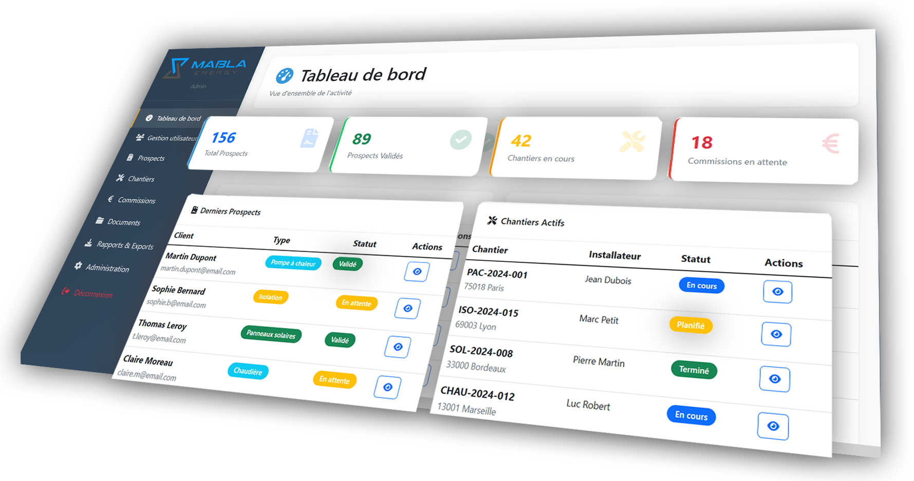 Aperçu du tableau de bord MABLA ENERGY